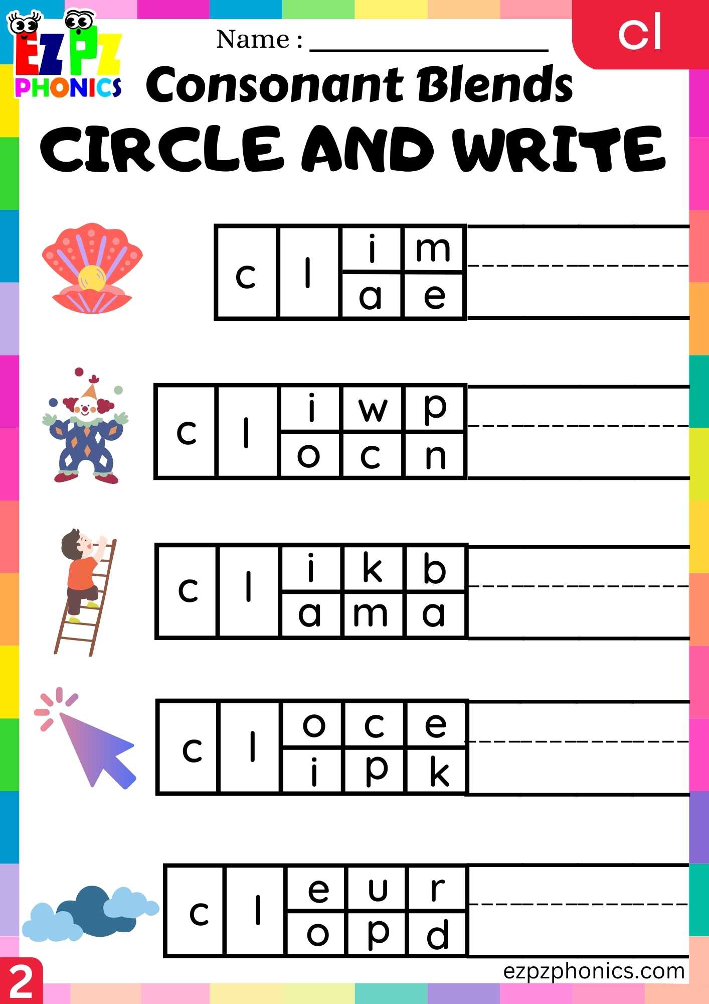 Group2 CL Words Circle And Write Phonics Consonant Blends Worksheet